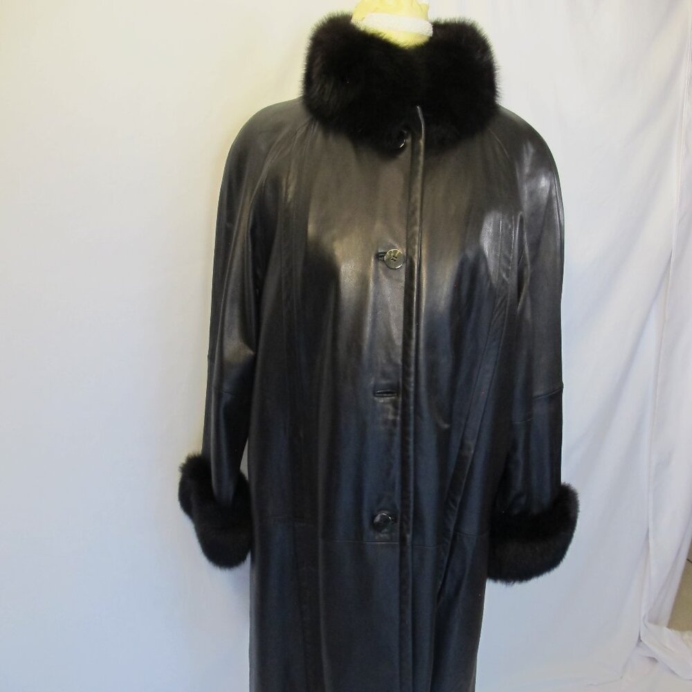 Tibor black leather mid-calf coat with faux fur collar and cuffs  XL
